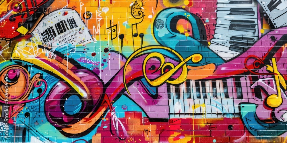 Guitarist in the style of bright geometric abstractions by