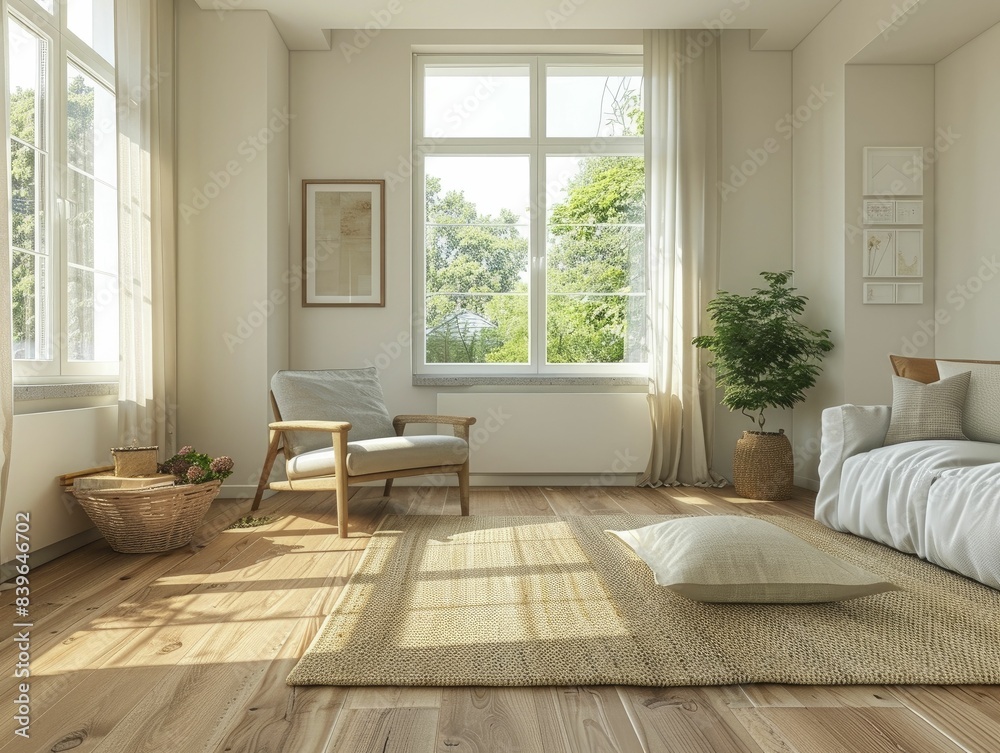 Fototapeta premium Adopting minimalist living for a clutter-free life, minimalist living room with simple decor, clean lines and natural light, spacious and serene.