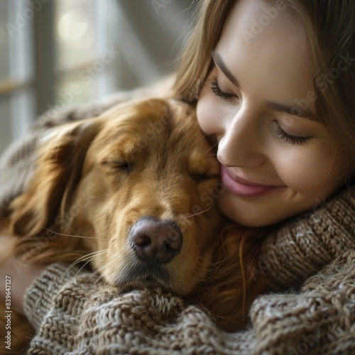 Ensuring pet wellness with holistic care approaches, pet owner caring for a happy pet in a cozy home, warm and loving environment, natural light © Kanisorn