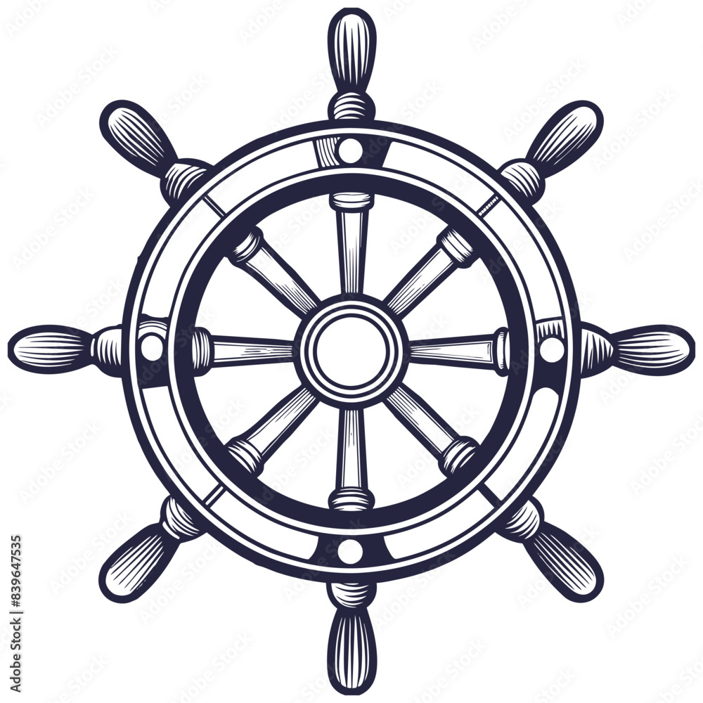 Detailed linocut classic ship wheel or helm, symbolizing marine navigation and nautical adventure on the high seas for ocean themed designs Detailed linocut classic ship wheel or helm, symbolizing marine navigation and nautical adventure on the high seas for ocean themed designs