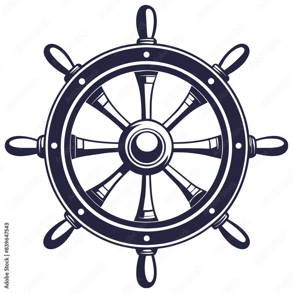 Detailed linocut classic ship wheel or helm, conveying a marine theme for nautical and ocean designs, captured in a striking monochrome style Detailed linocut classic ship wheel or helm, conveying a marine theme for nautical and ocean designs, captured in a striking monochrome style