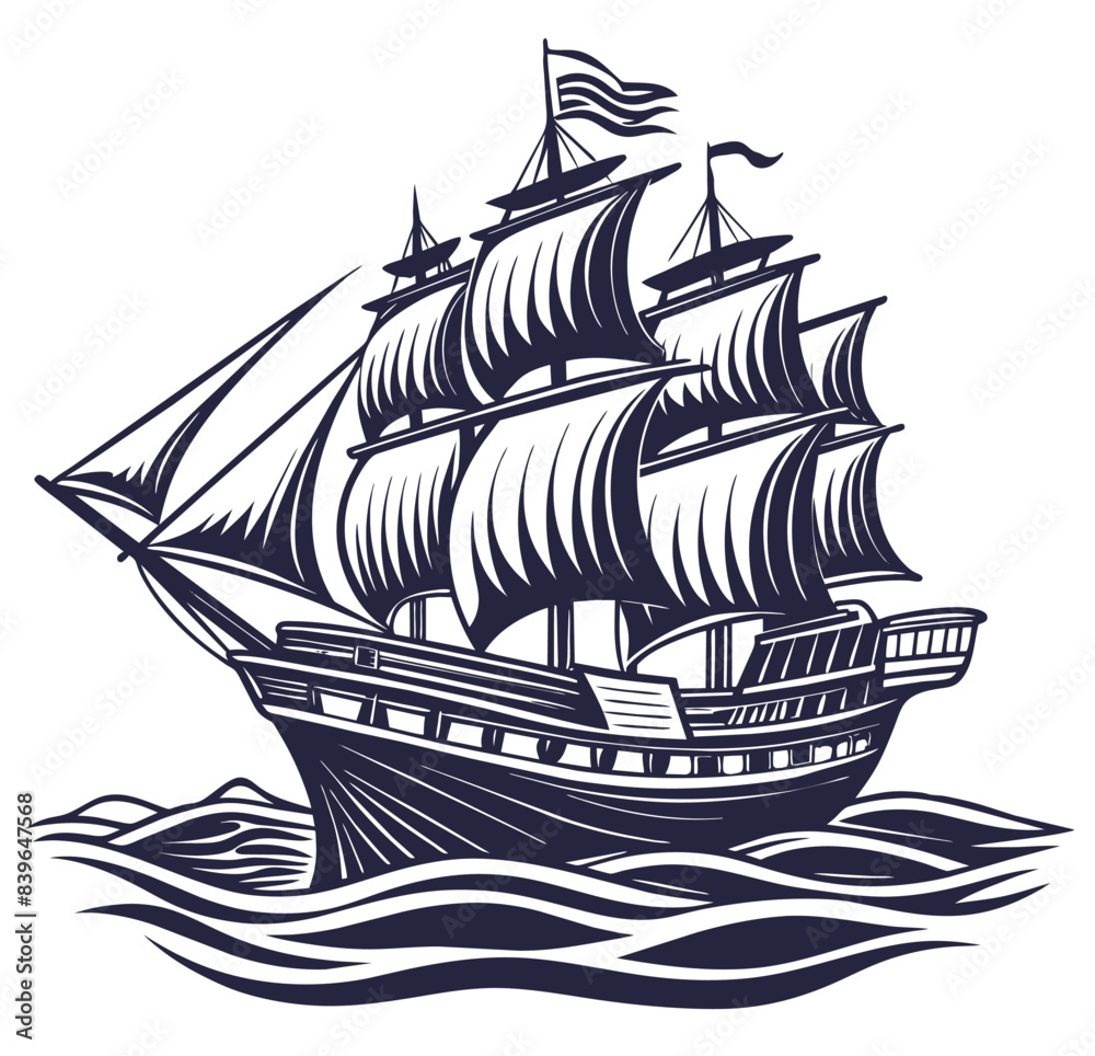 Naklejka premium Stylized traditional frigate with full sails on ocean, marine ship in linocut style, capturing the timeless allure of nautical exploration and adventure on the high seas