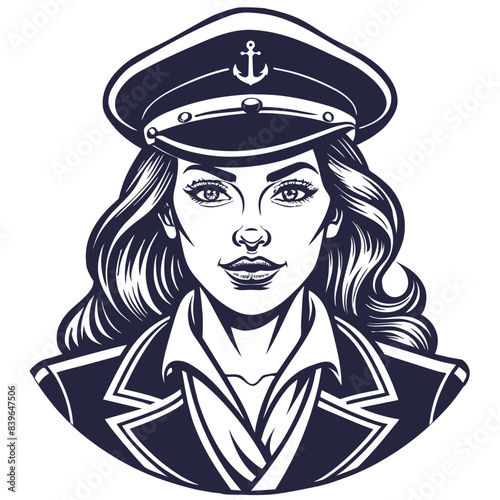 Striking linocut style confident woman in a traditional sailor uniform, embodying the strength and elegance of a ship captain against a maritime backdrop