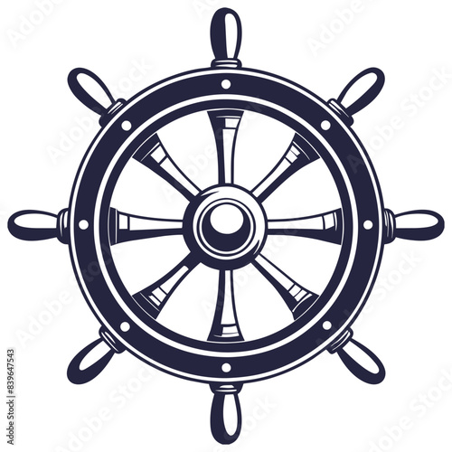 Detailed linocut classic ship wheel or helm, conveying a marine theme for nautical and ocean designs, captured in a striking monochrome style