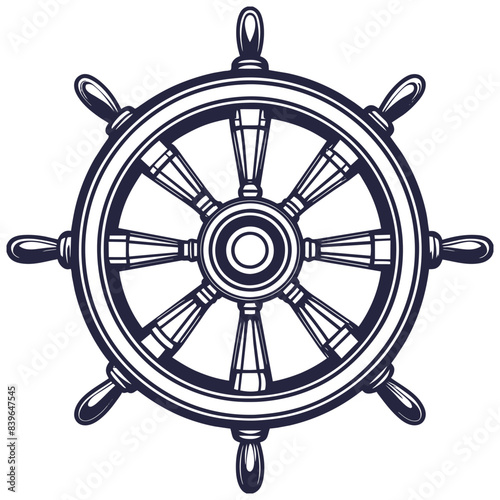 Detailed linocut vintage nautical ship steering wheel or helm, representing marine navigation and spirit of sea for oceanic and maritime designs