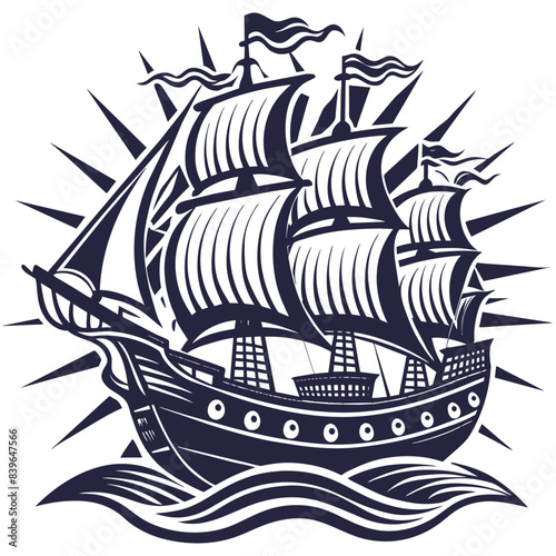 Artistic linocut traditional frigate ship with full sails navigating the wavy ocean, designed in a classic black and white style for nautical themed graphics and decorations