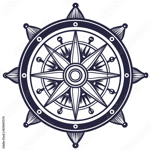 Detailed linocut ornate nautical compass, symbolizing maritime navigation and ocean exploration with intricate patterns and a classic sea inspired design photo