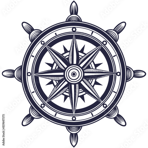 Detailed linocut vintage nautical ship steering wheel or helm, representing marine navigation and spirit of sea for oceanic and maritime designs