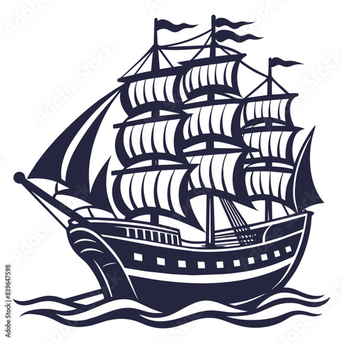 Artistic linocut traditional frigate ship with full sails navigating the wavy ocean, designed in a classic black and white style for nautical themed graphics and decorations