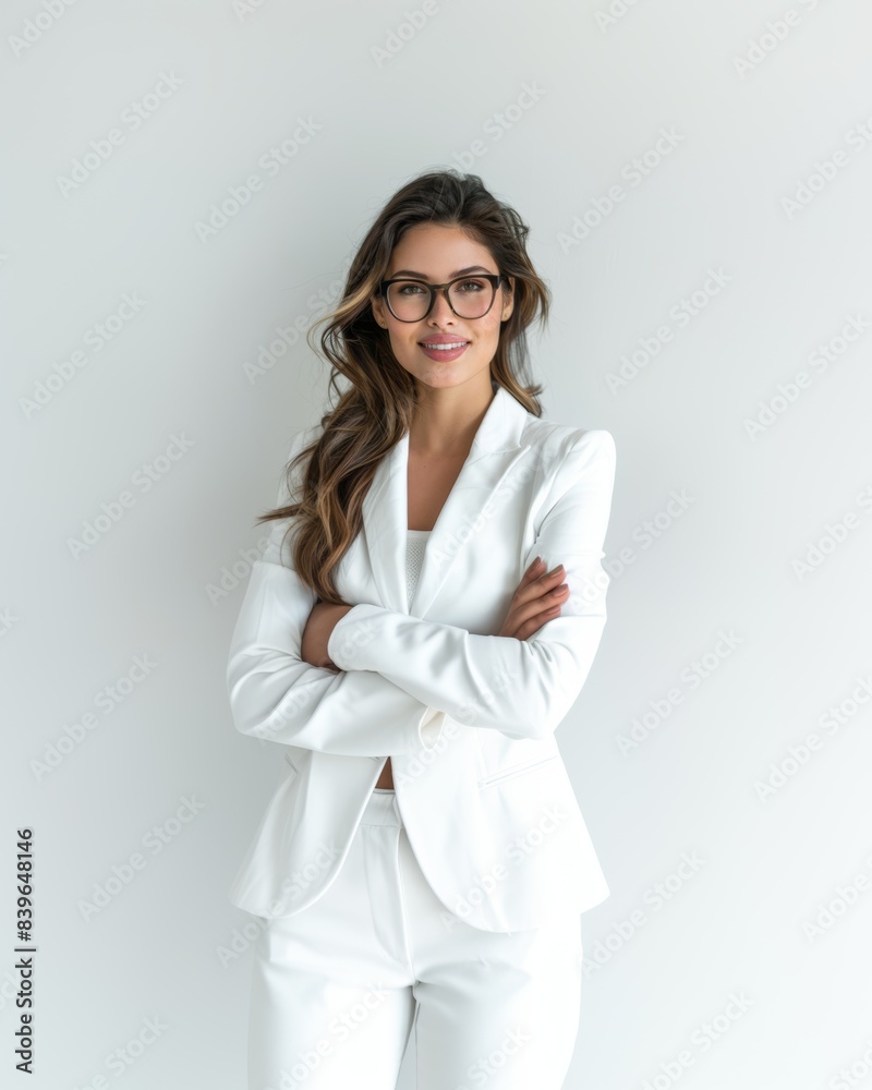 Stylish young brunette woman smiling on a white background. Beauty and fashion. Style. Stylish young brunette woman smiling on a white background. Beauty and fashion. Style.