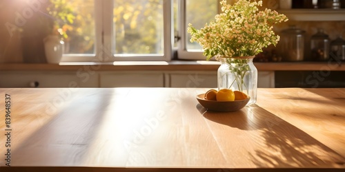 Sunlight illuminates clean wooden table in kitchen. Concept Home Decor, Interior Design, Natural Lighting, Wooden Furniture © Anastasiia