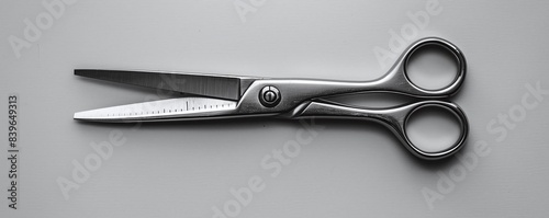 A minimalist pair of scissors in the lowerleft third with a light gray background photo