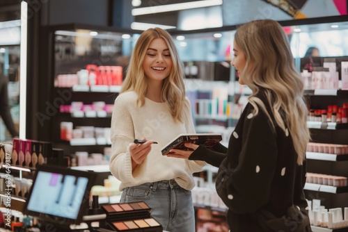 Woman shopping for makeup in a beauty store, with a saleswoman helping her choose the color and texture of foundation cream or eye shadow palette