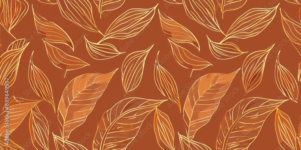 A delicate pattern of fine line leaves in various shades of brown and tan, spread seamlessly on a bright orange background