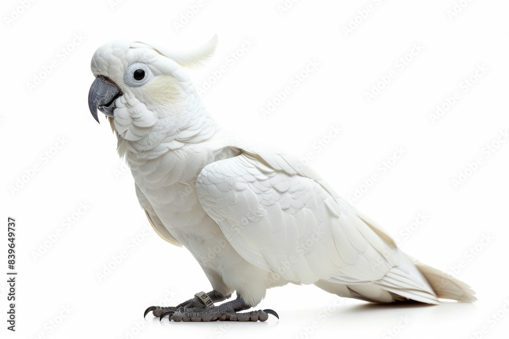 White parrot on a white background. Pet, talking bird. White parrot on a white background. Pet, talking bird.