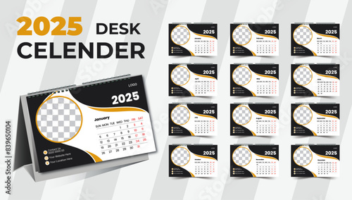 2025 Desk Calendar Template Design,. Twelve page Desk calendar design for 2025. Desk calendar vector for corporate.