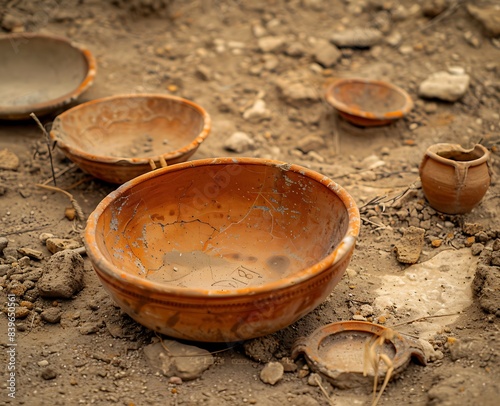 A photo of an ancient Greek bowl lying on the ground with several other antique pots around it