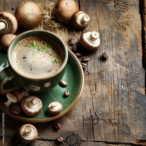 Trendy mushroom coffee fills a green cup on a wooden background, symbolizing a healthy lifestyle. 