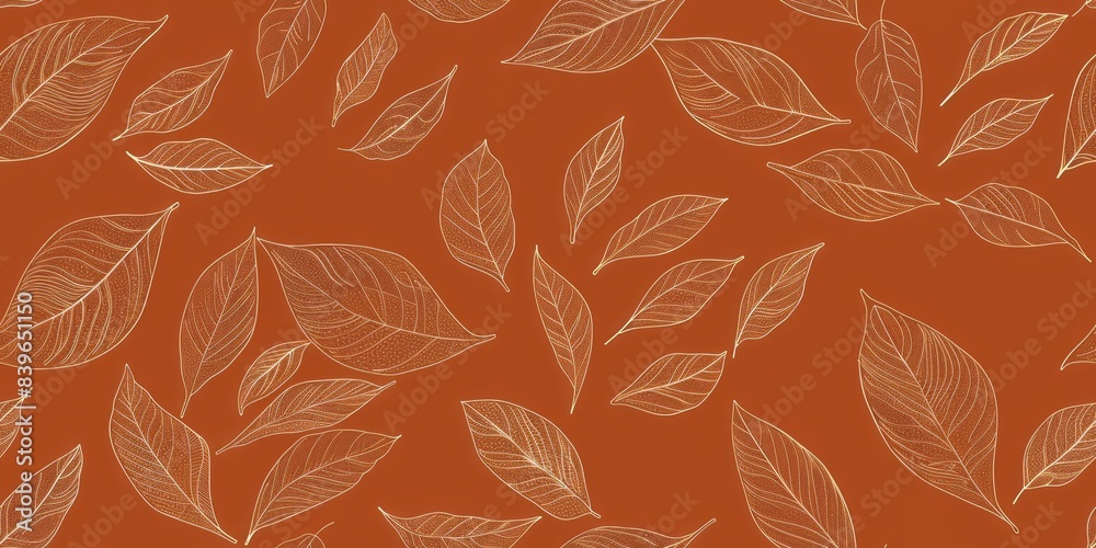 A seamless pattern of thin, fine line leaves in soft earthy tones, arranged over a muted orange background, with delicate intricate details A seamless pattern of thin, fine line leaves in soft earthy tones, arranged over a muted orange background, with delicate intricate details