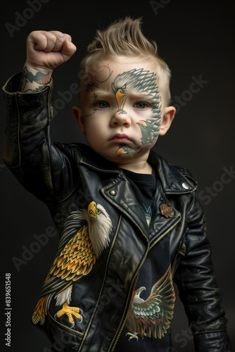 Little boy child wearing tattoos on face wearing leather jacket