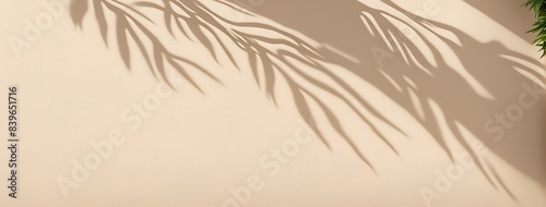 Beautiful beige brown stucco wall with soft foliage and tropical leaf shadow

