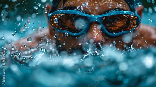 male triathlete competing in a grueling Ironman race swimming through open water with strength and endurance in a longdistance swim leg photo
