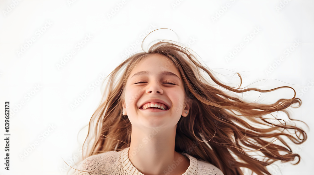 Fototapeta premium young girl with a joyful and happy smile against white background. generative ai