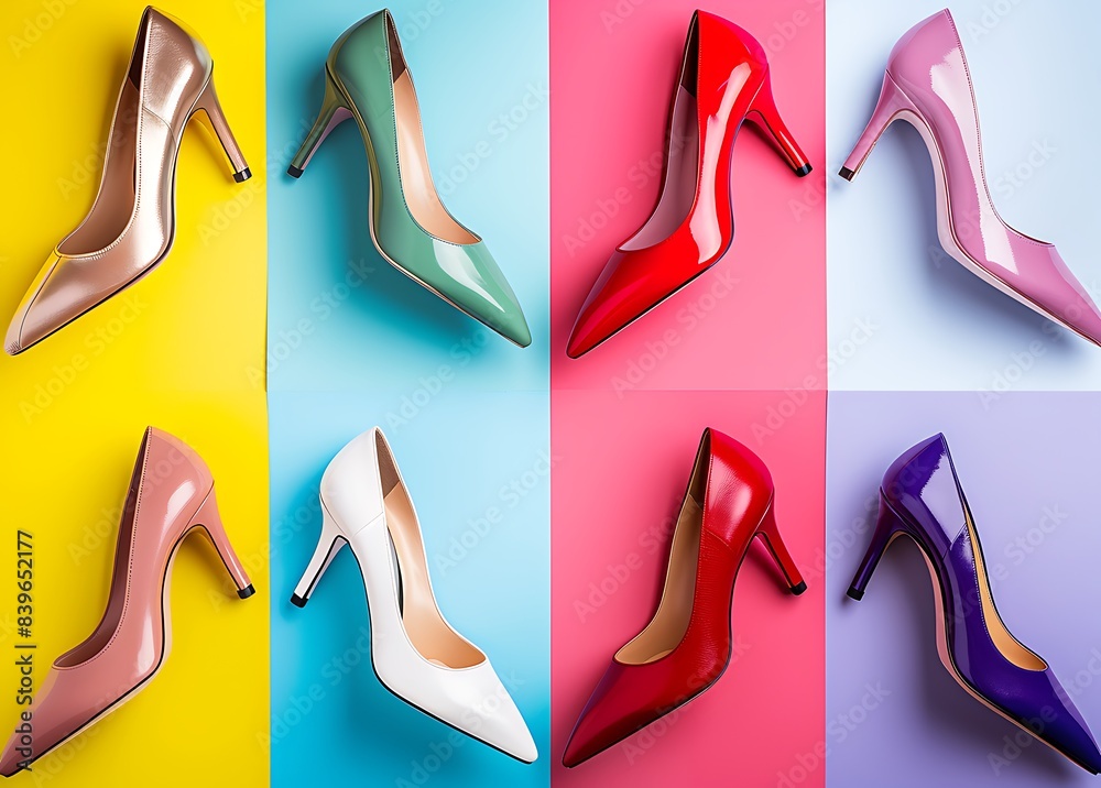 A collection of high heels in various colors and styles on a colorful background, representing the fashion industry and women's A collection of high heels in various colors and styles on a colorful background, representing the fashion industry and women's