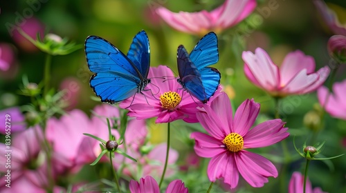 Blue butterflies fluttering over magenta Cosmos flowers outdoors in the spring or summer sunlight, captured in a macro perspective.