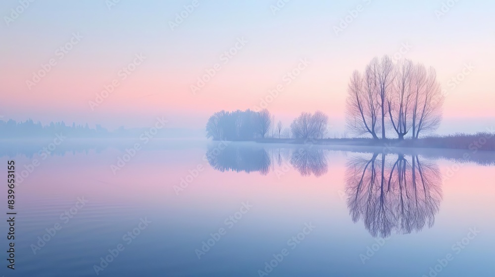 Fototapeta premium Calm and serene environmental landscapes, Tranquil lakeside at dawn, soft mist over water,