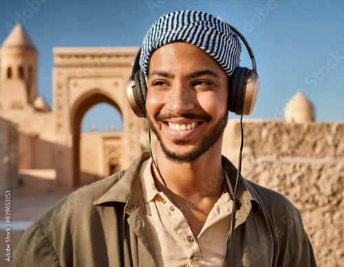 Homme écoutant de la musique avec un casque photo