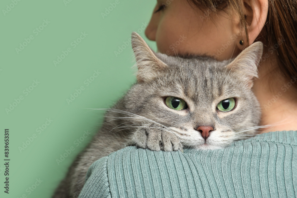 Young pretty woman hugging her cute grey cat on green background, closeup