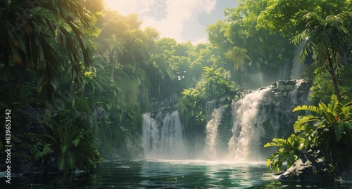 Lush Tropical Rainforest Waterfall With Sunlight Streaming Through Canopy