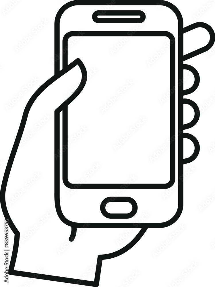 Close up of a hand holding a modern smartphone with blank display isolated on a white background minimal outline vector illustration for technology. Communication. Mobile device Close up of a hand holding a modern smartphone with blank display isolated on a white background minimal outline vector illustration for technology. Communication. Mobile device