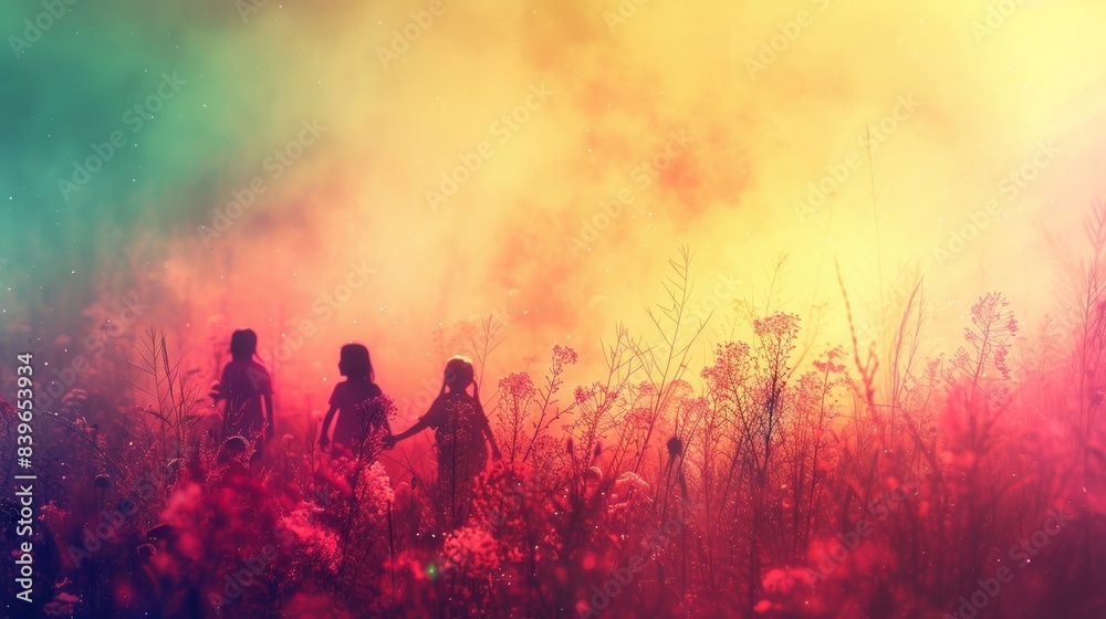 Fototapeta premium Three children holding hands in a field with colorful, hazy light
