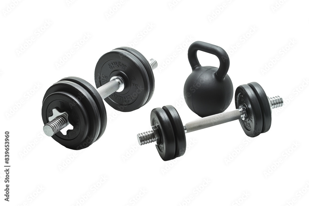 Two sets of dumbbells and a kettlebell are shown on a white background, isolated on transparent background. Two sets of dumbbells and a kettlebell are shown on a white background, isolated on transparent background.