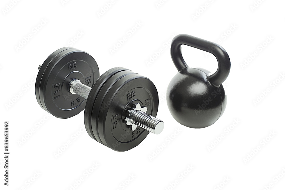 A pair of dumbbells and a kettlebell are on a white background, isolated on transparent background. A pair of dumbbells and a kettlebell are on a white background, isolated on transparent background.