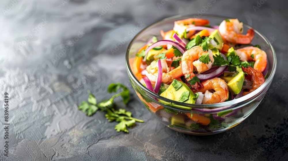 Shrimp avocado salad with red onions, cilantro, and tomatoes in a glass bowl. Fresh and healthy seafood salad with vibrant colors Shrimp avocado salad with red onions, cilantro, and tomatoes in a glass bowl. Fresh and healthy seafood salad with vibrant colors