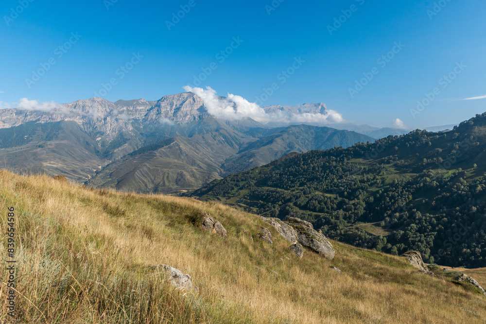 Fototapeta premium Stunning view of Aktoprak pass between Baksan and Chegem gorges. Caucasus mountains. Kabardino-Balkaria, Russia.