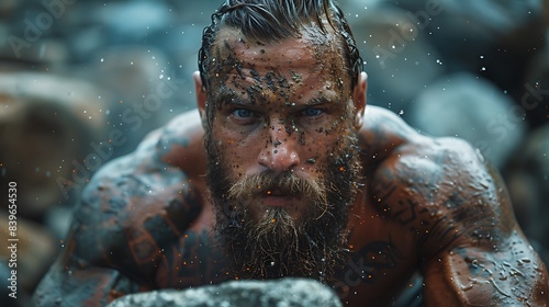 man participating in a Strongman competition lifting Atlas stones with brute strength and determination © Stock Source