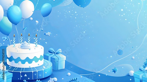 A happy birthday background featuring illustrations of a birthday cake, balloons, and gifts, all in blue elements. 