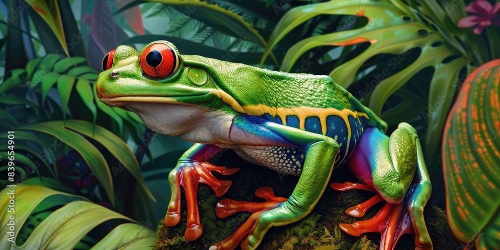 Bright Red-Eyed Tree Frog in Lush Jungle Bright Red-Eyed Tree Frog in Lush Jungle