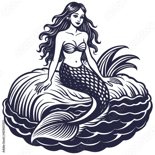 Striking black and white linocut serene mermaid sitting gracefully atop the cresting waves of a marine backdrop, embodying the mythical allure of nautical folklore