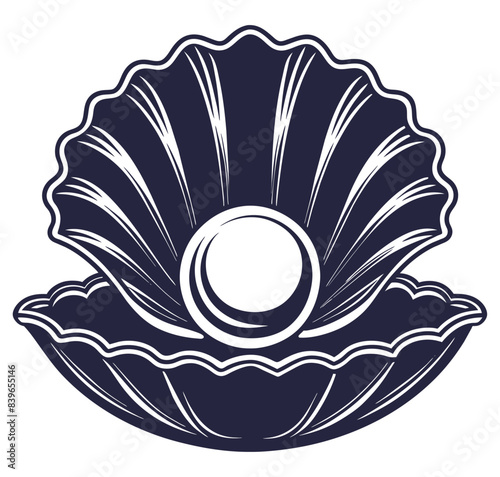 Elegant shell with a lustrous pearl in a linocut style for marine themed designs and nautical decor. Captures the essence of ocean treasures artistically