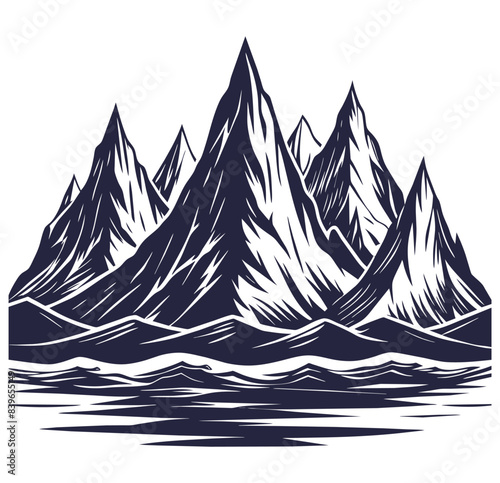 Linocut print of imposing mountains rising above the sea, with stylized waves conveying the timeless and raw power of a nautical landscape. Marine or nautical element for sea and ocean design