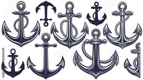 Detailed linocut nautical anchor set with a sturdy rope, portrayed with bold lines. Marine or nautical collection of element for sea and ocean design