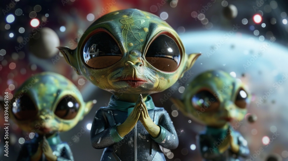 3D cartoon aliens in space. 3D cartoon aliens in space.