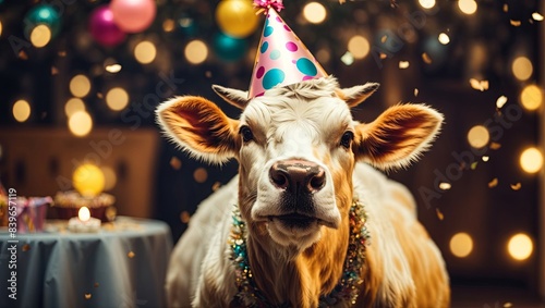cow with open wide mouth surprised wearing a party hat celebrating at a fancy birthday party festive celebration greeting with bokeh light and paper shoot confetti surround