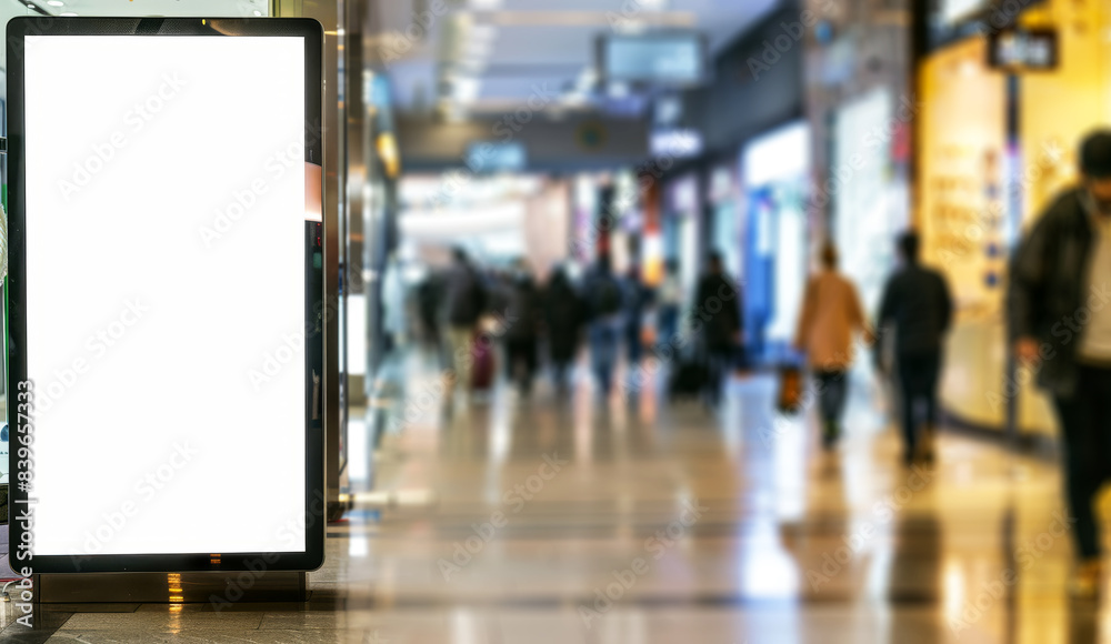 Web banner with copyspace․A blank billboard in an indoor shopping mall with people walking ․ Web banner with copyspace․A blank billboard in an indoor shopping mall with people walking ․