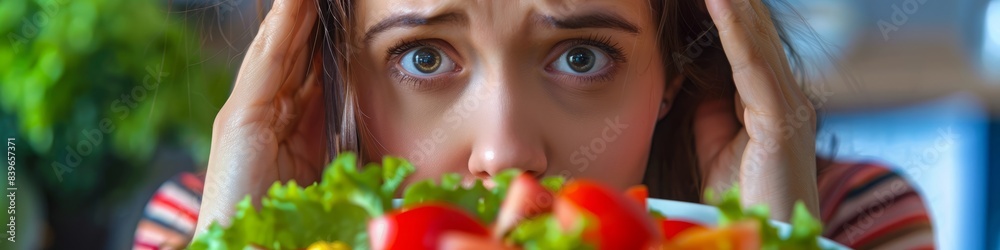 vegetable salad in a plate close-up and tired woman on a diet. vegetable salad in a plate close-up and tired woman on a diet.